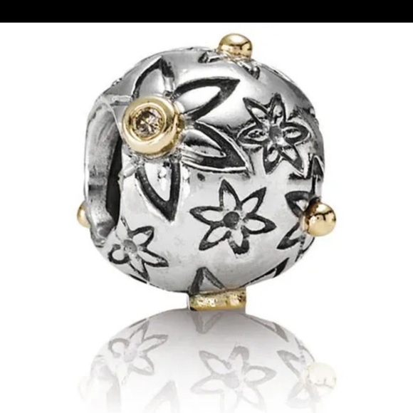 Pandora 14k Gold And Silver Flower Power charm w/ natural DIAMONDS RARE - Picture 4 of 7